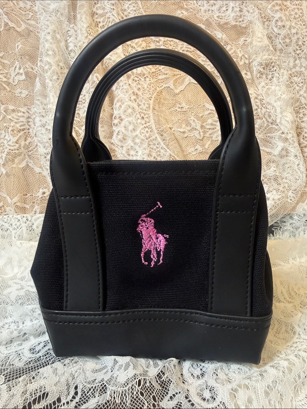 Ralph Lauren Mini Canvas Tote Bag Black Pink Pony Logo Handbag Y2K Preppy